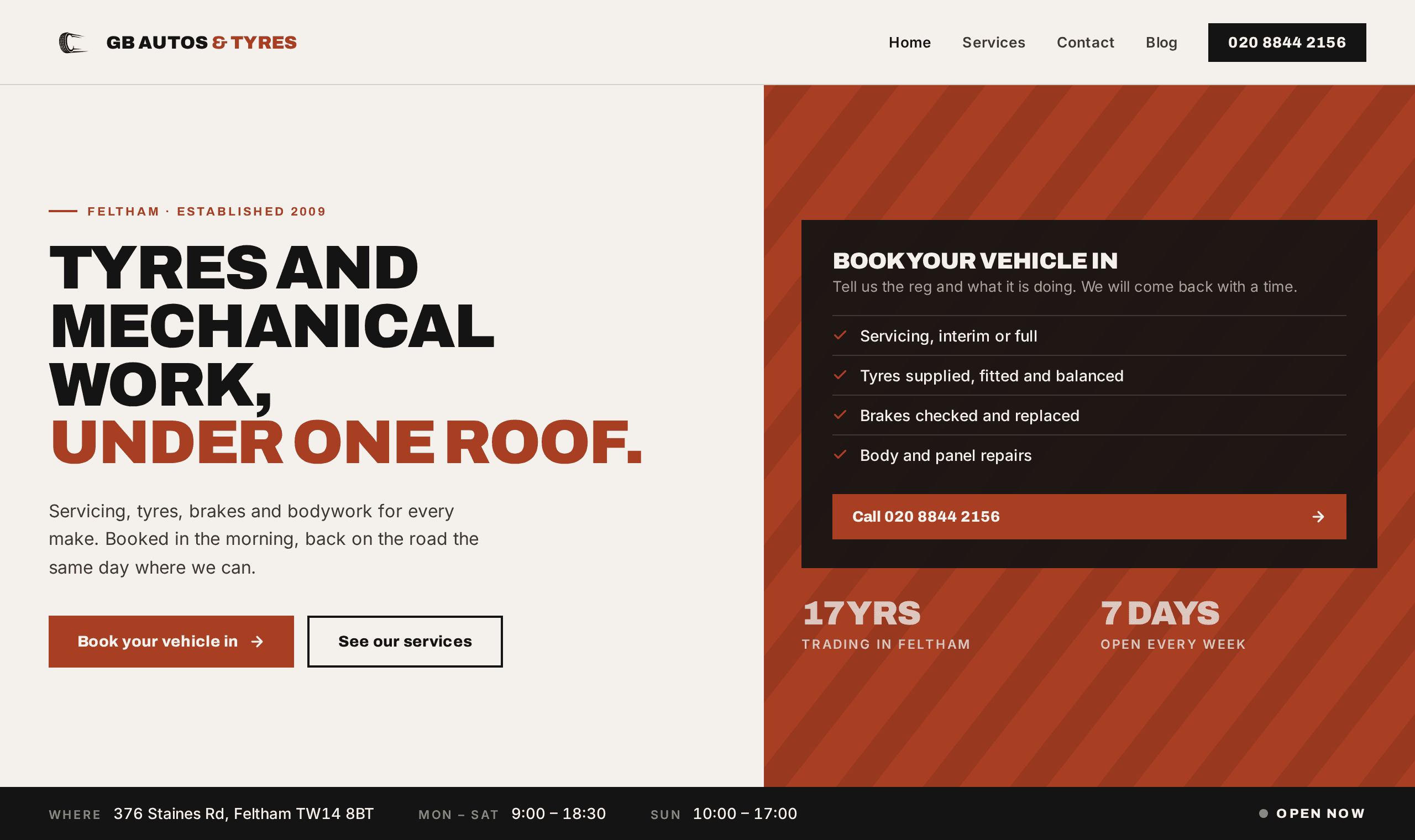 GB Autos home page with opening hours and contact details